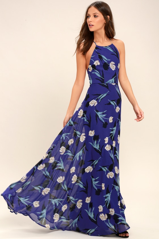 Royal Blue Floral Print Dress - Lace-Up ...